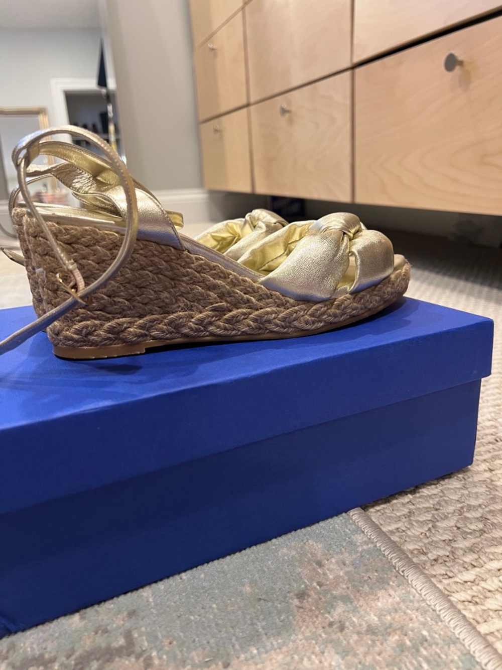 Stuart Weitzman Metallic Gold Knotted Ankle-Strap Heels - Picture 3 of 5